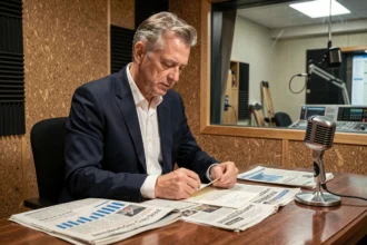 Journaliste économique masculin enregistrant une chronique radio dans un studio classique avec journaux et microphone vintage
