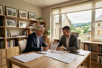 Courtier en crédit immobilier en Corrèze conseillant un couple pour leur prêt immobilier dans un bureau professionnel