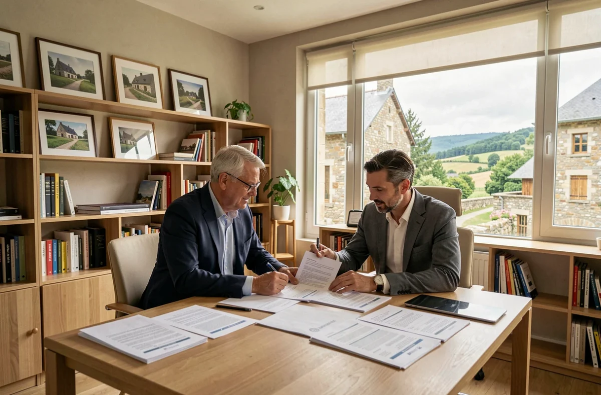 Courtier en crédit immobilier en Corrèze conseillant un couple pour leur prêt immobilier dans un bureau professionnel