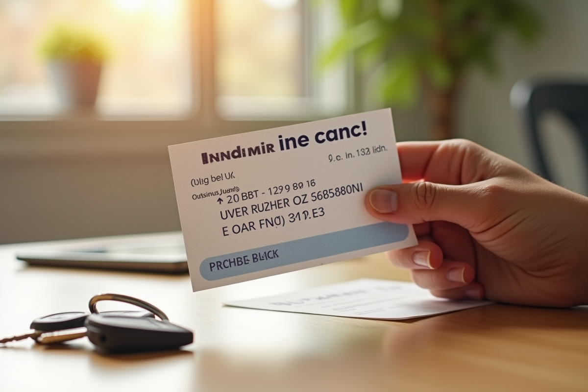 Main tenant une carte d'assurance voiture expirée avec des clés sur un bureau lumineux