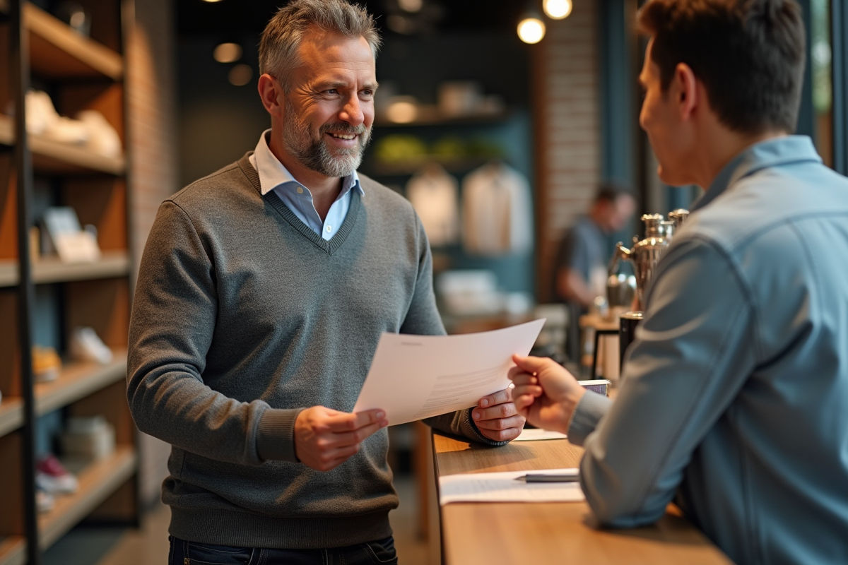 Client discutant avec un vendeur dans un magasin