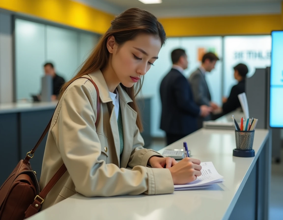 Jeune femme remplissant un formulaire d'ouverture de compte à La Banque Postale au guichet d'une agence postale