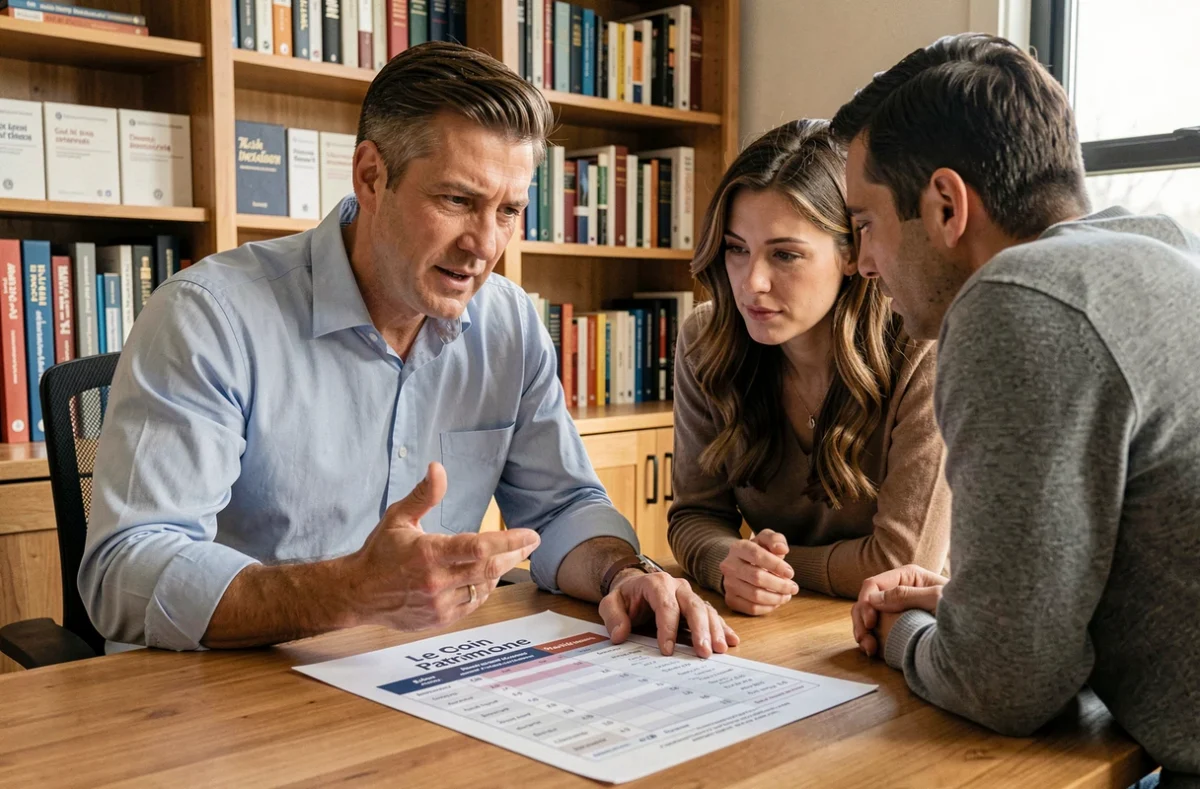 Conseiller Le Coin Patrimoine expliquant un plan de financement immobilier à un couple dans les Deux-Sèvres
