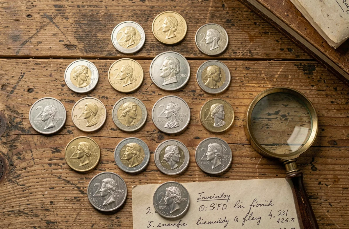 Collection de pièces de 2 euros commémoratives rares disposées en flat lay sur bureau en bois ancien