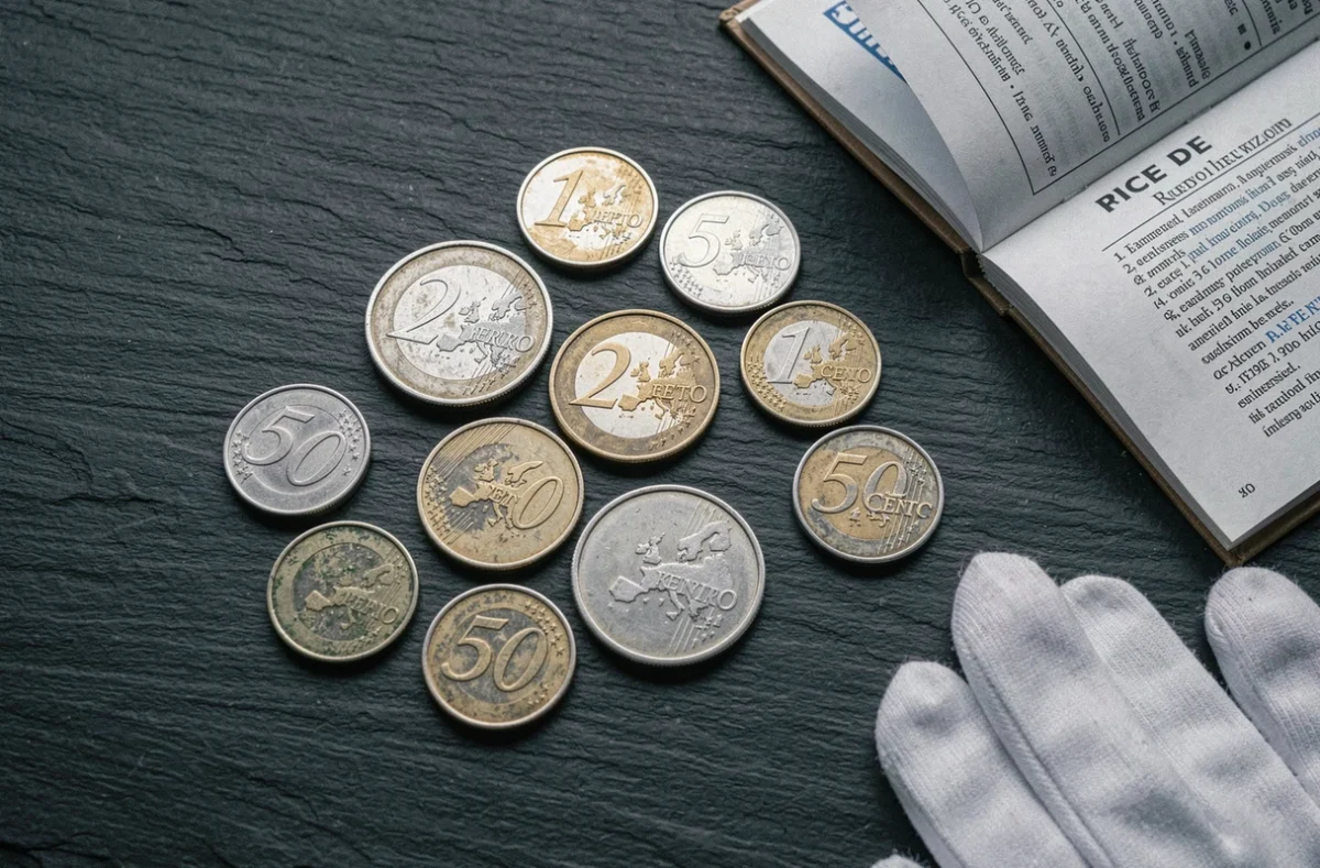 Collection de pièces de 50 centimes euro rares disposées sur une surface ardoise avec gants de collection et guide de prix numismatique