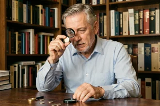 Collectionneur de pièces rares examinant une pièce de 50 centimes avec une loupe dans un bureau de collection numismatique