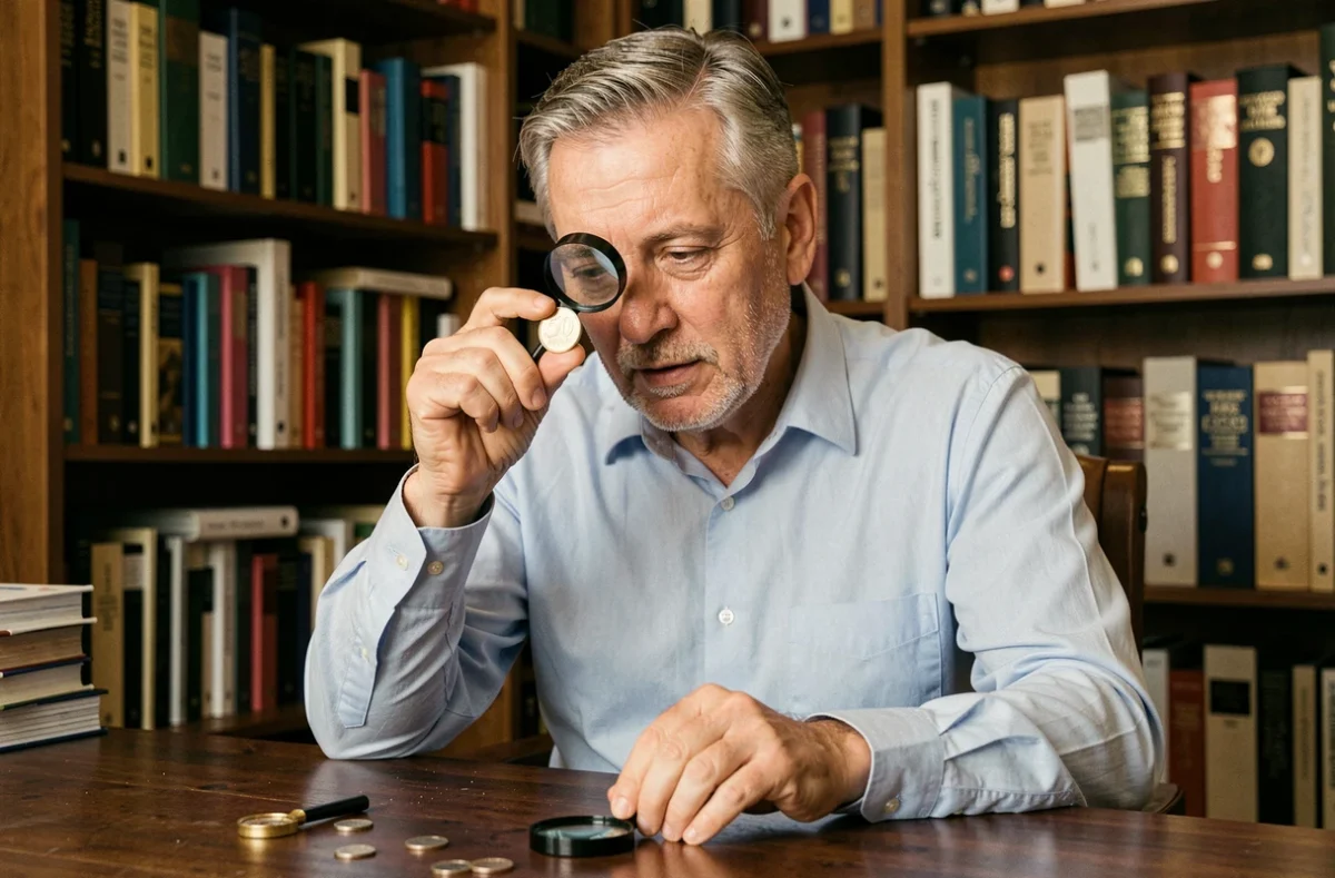 Collectionneur de pièces rares examinant une pièce de 50 centimes avec une loupe dans un bureau de collection numismatique