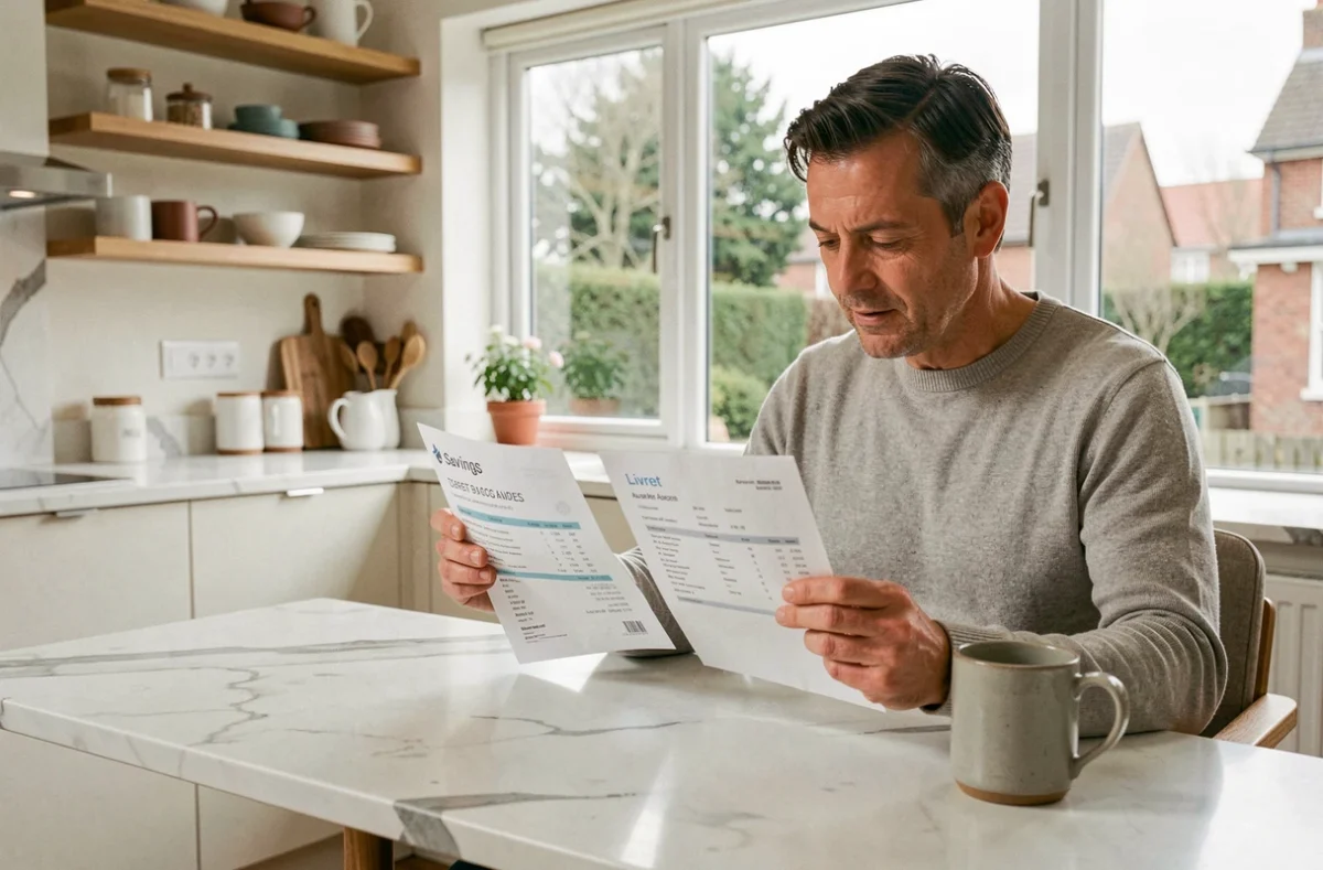Homme comparant un livret classique et un compte d'épargne salariale à la maison