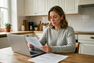 Femme comparant des offres de mutuelle santé pas chère sur ordinateur portable à la maison