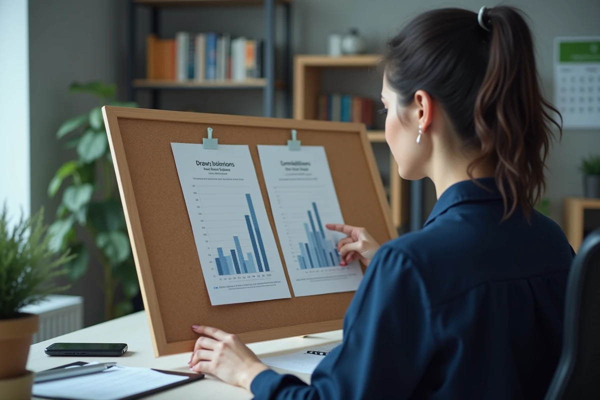 Femme comparant les statistiques des 20 derniers tirages Euromillions sur un tableau de liège