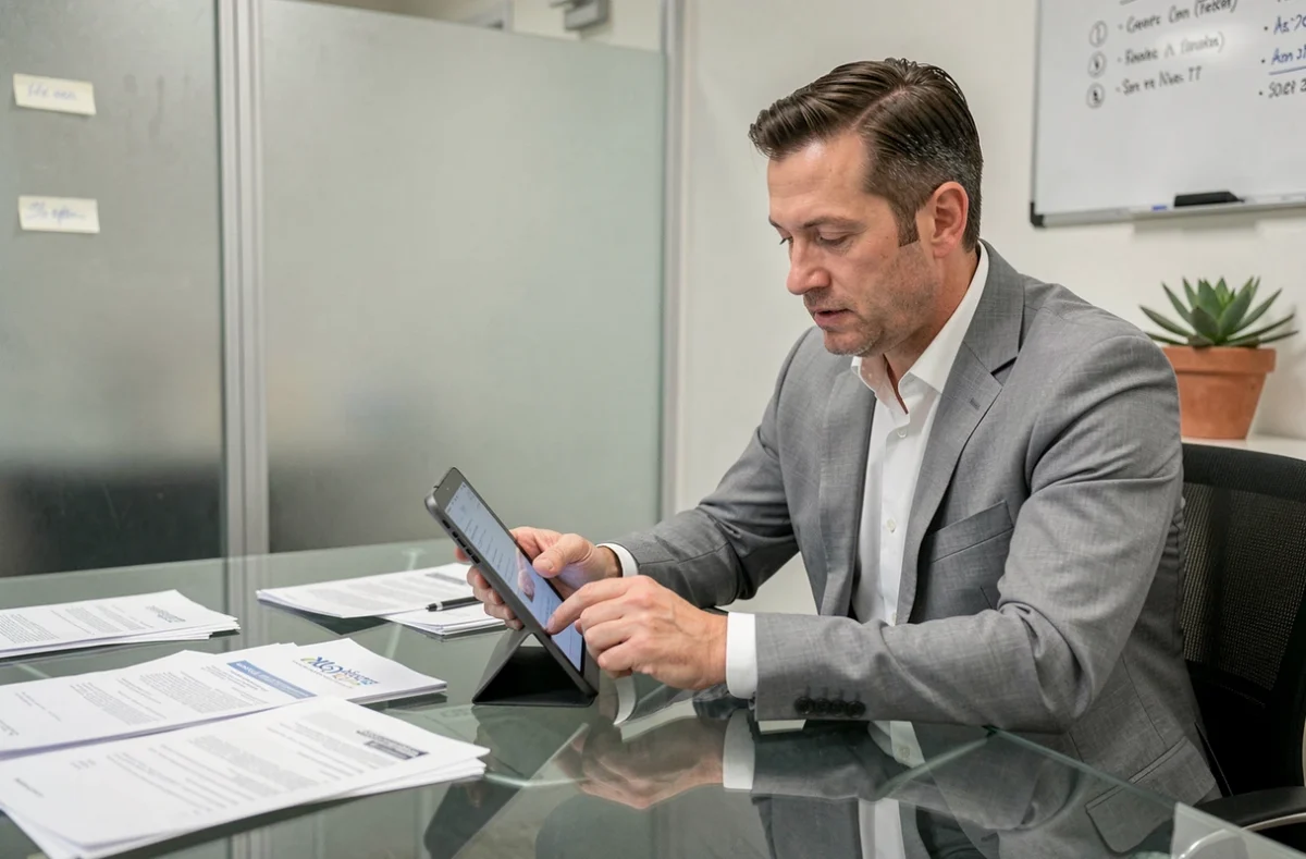 Chef d'entreprise comparant des devis d'assurance responsabilité civile professionnelle sur une tablette dans une salle de réunion