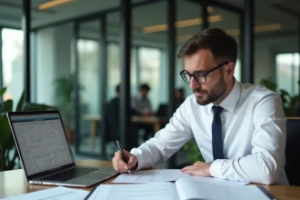 Comptable en entreprise calculant les acomptes d'impôt sur les sociétés sur son bureau avec des documents fiscaux