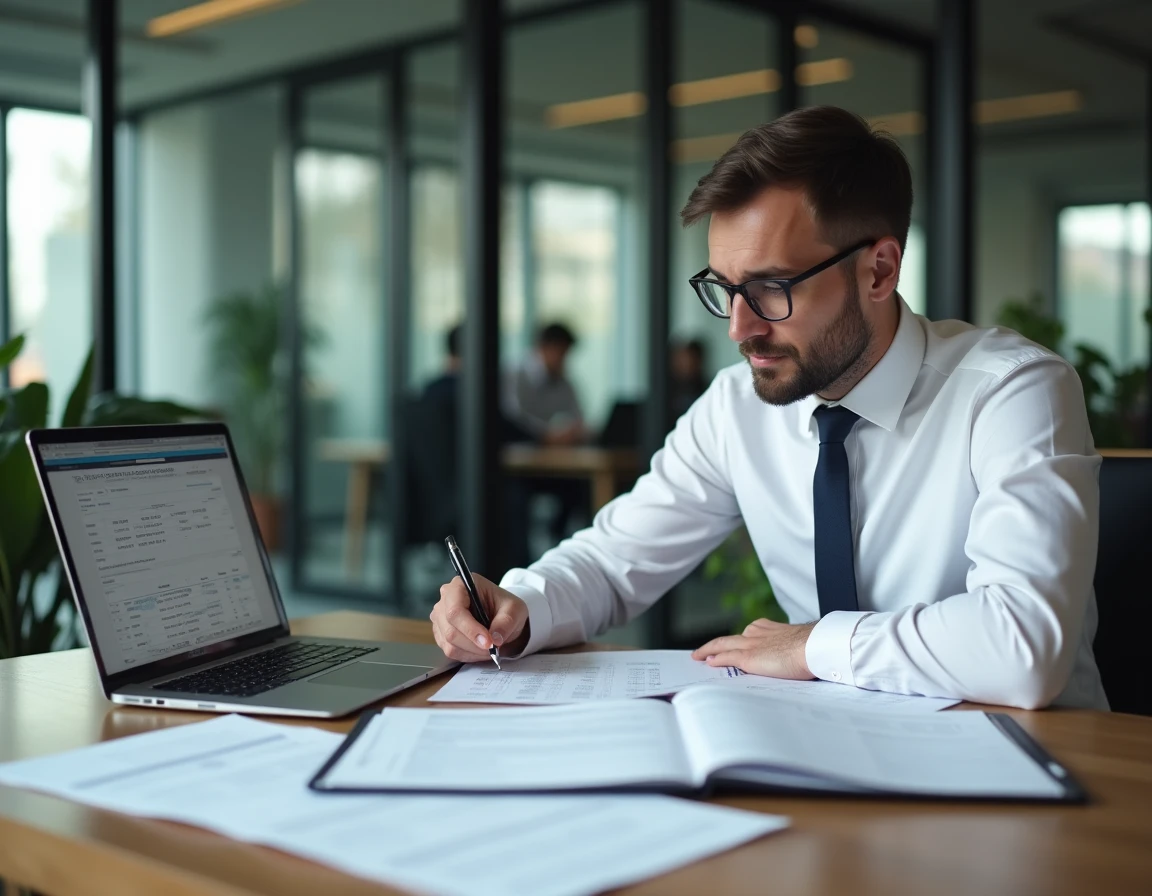 Comptable en entreprise calculant les acomptes d'impôt sur les sociétés sur son bureau avec des documents fiscaux