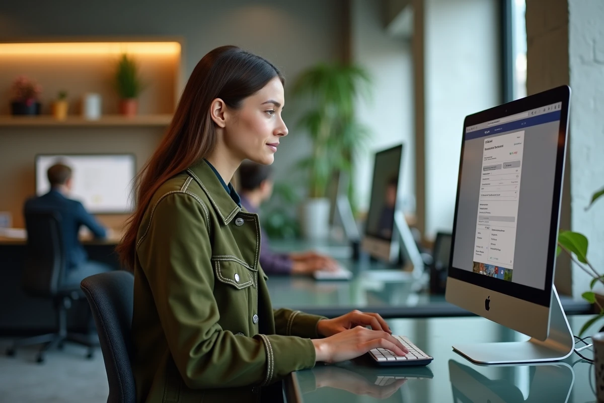 Jeune professionnelle configurant son espace Filibanque CIC sur ordinateur de bureau dans un open space