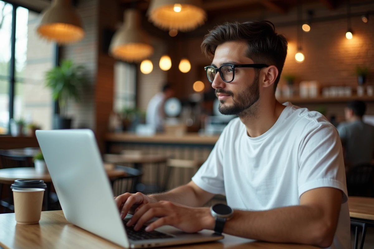 Jeune homme tentant de se connecter au Cyberplus bp du Sud dans un café avec un message d'erreur sur son ordinateur