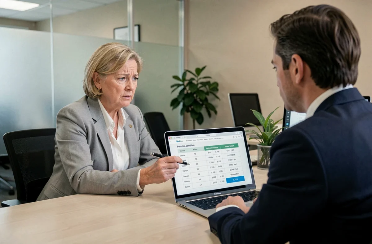 Une femme retraitée consulte un conseiller en retraite pour comprendre l'impact des trimestres manquants sur sa pension et sa décote