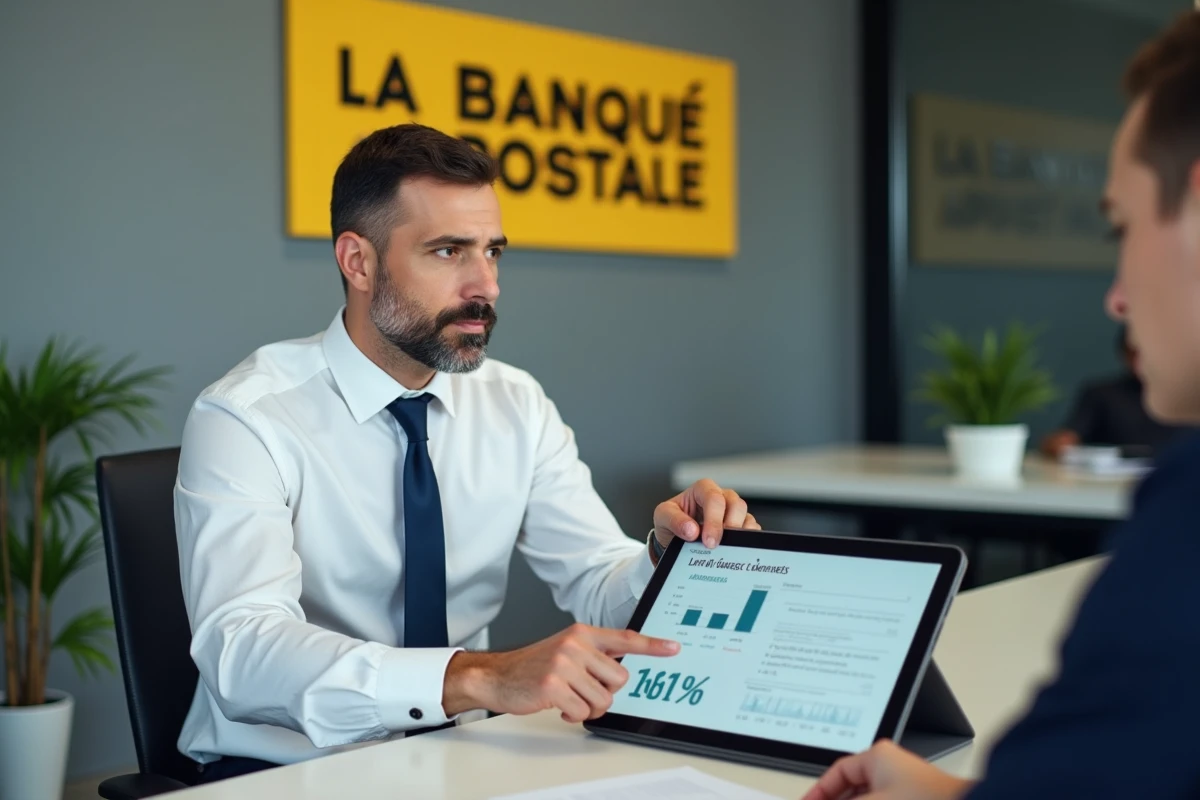 Conseiller bancaire présentant un produit d'assurance vie sur tablette à un client dans une agence La Banque Postale