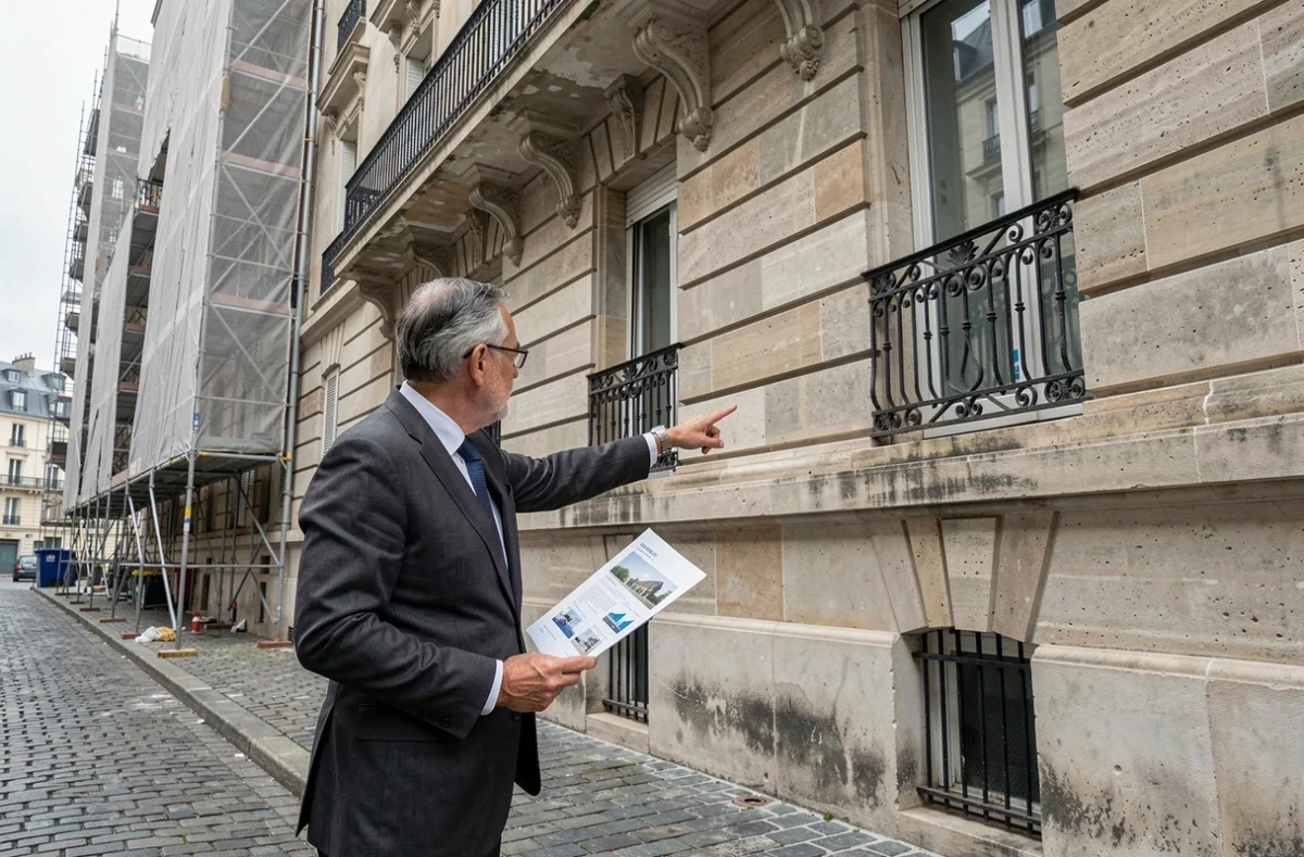 Conseiller immobilier présentant un immeuble ancien en rénovation éligible à la SCPI de déficit foncier