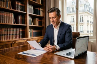 Conseiller en gestion de patrimoine analysant des documents d'investissement liés à l'EPA CDI dans un bureau parisien élégant