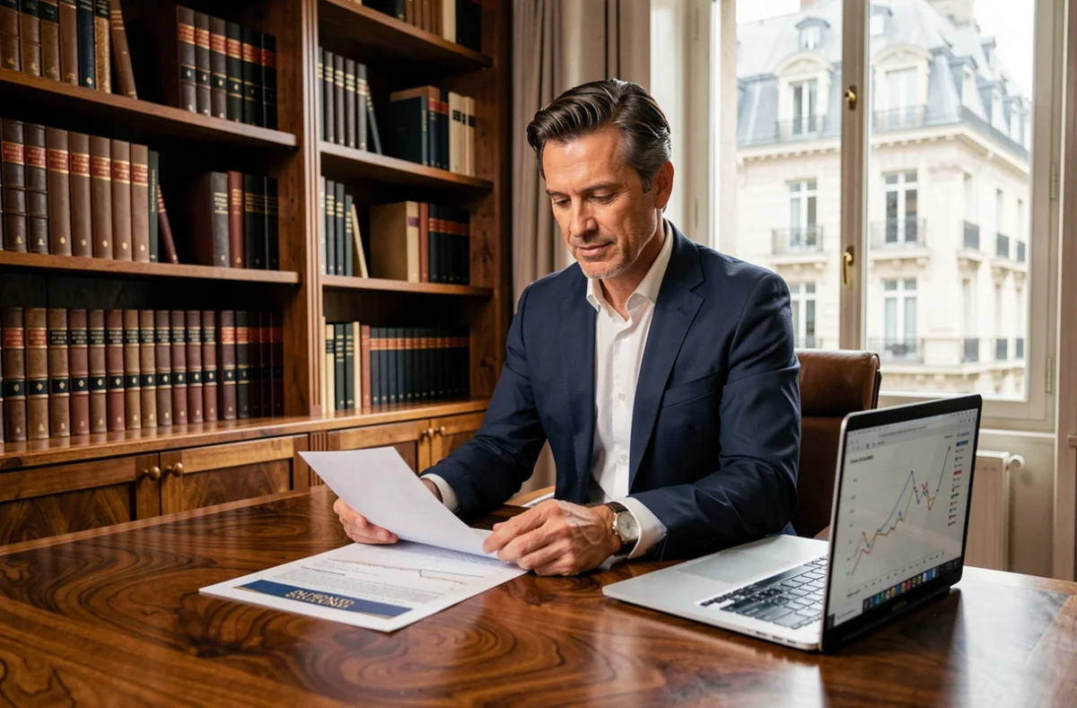Conseiller en gestion de patrimoine analysant des documents d'investissement liés à l'EPA CDI dans un bureau parisien élégant
