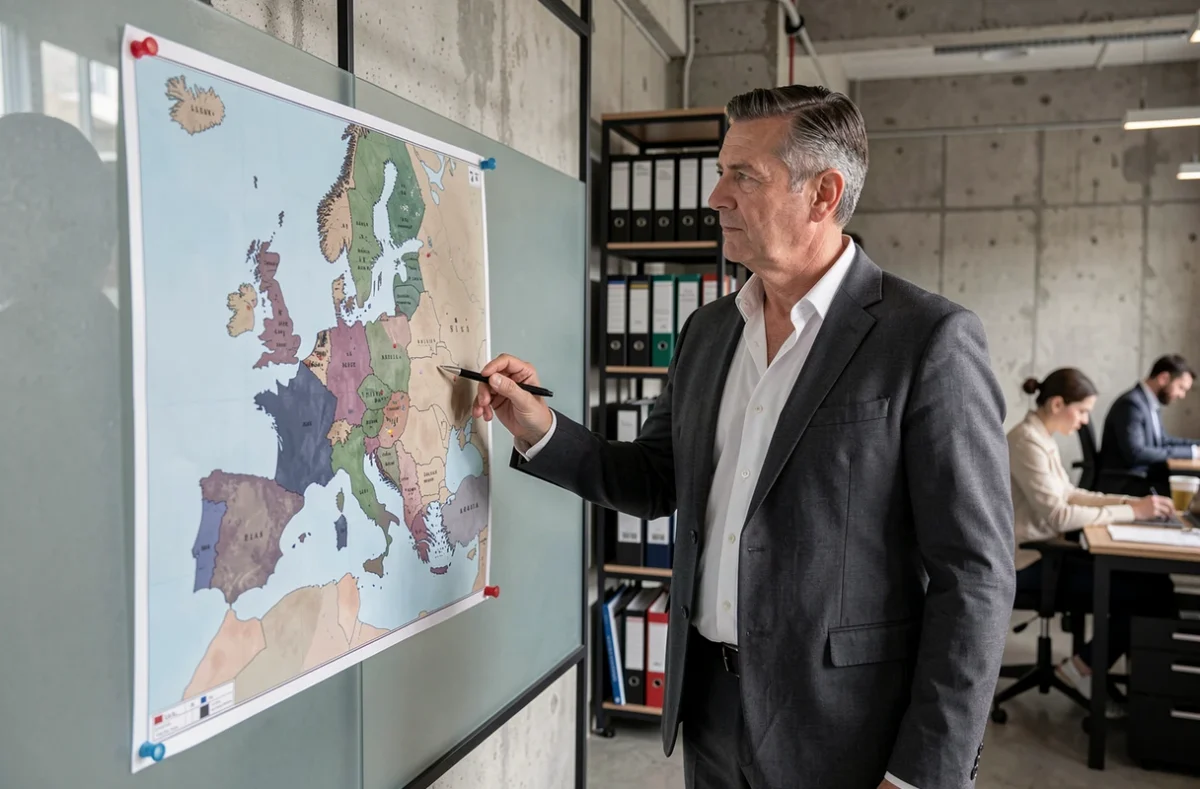 Conseiller financier expliquant la fiscalité des SCPI européennes devant une carte de l'Europe dans un bureau de conseil