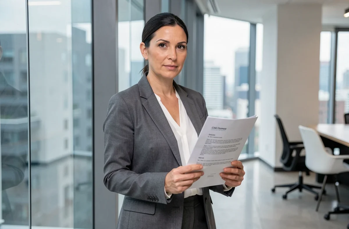 Conseillère financière tenant un relevé de portefeuille SCPI dans un bureau moderne avec vue sur la ville