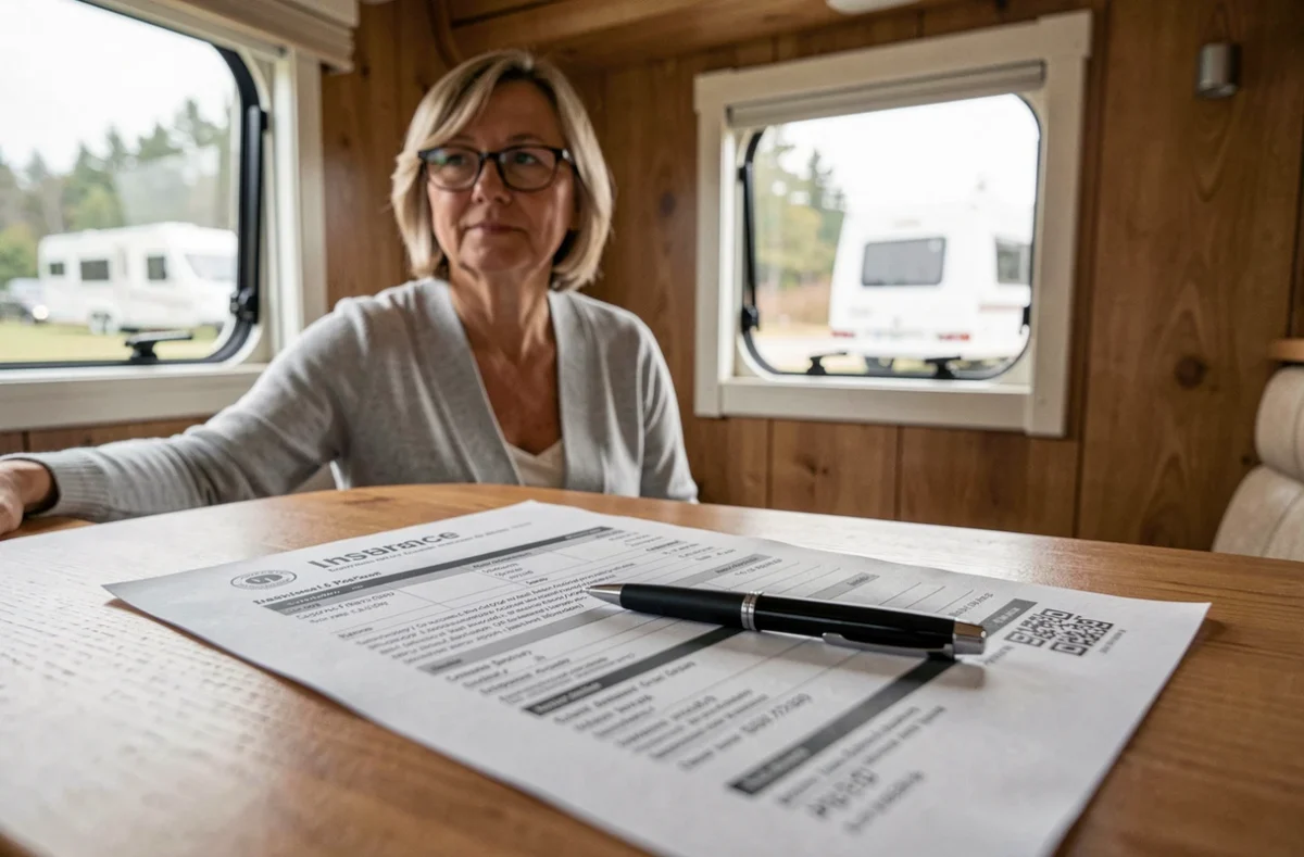 Femme étudiant un contrat d'assurance camping-car poids lourd à l'intérieur du véhicule