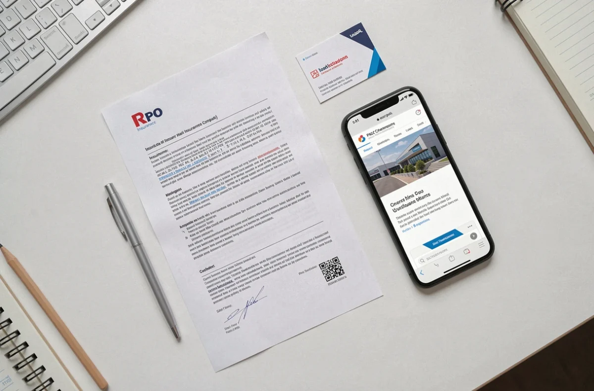 Vue de dessus d'un bureau avec contrat d'assurance RC pro, smartphone et stylo, illustrant les démarches de souscription en ligne