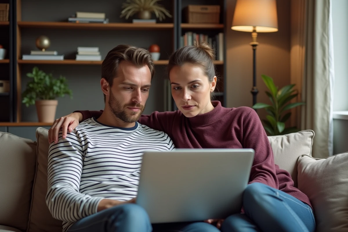 Couple picard comparant les frais bancaires en ligne depuis leur salon pour économiser sur leurs charges