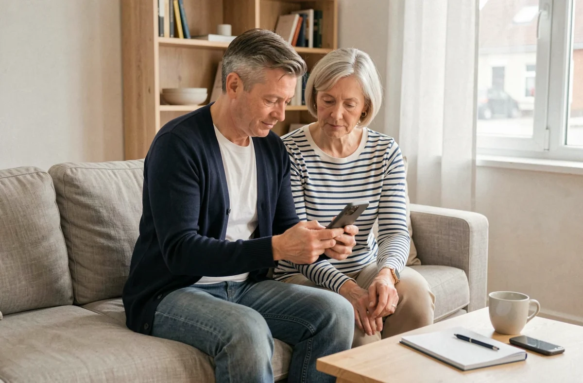 Couple comparant des mutuelles pas chères sur smartphone dans leur salon pour optimiser leur budget santé