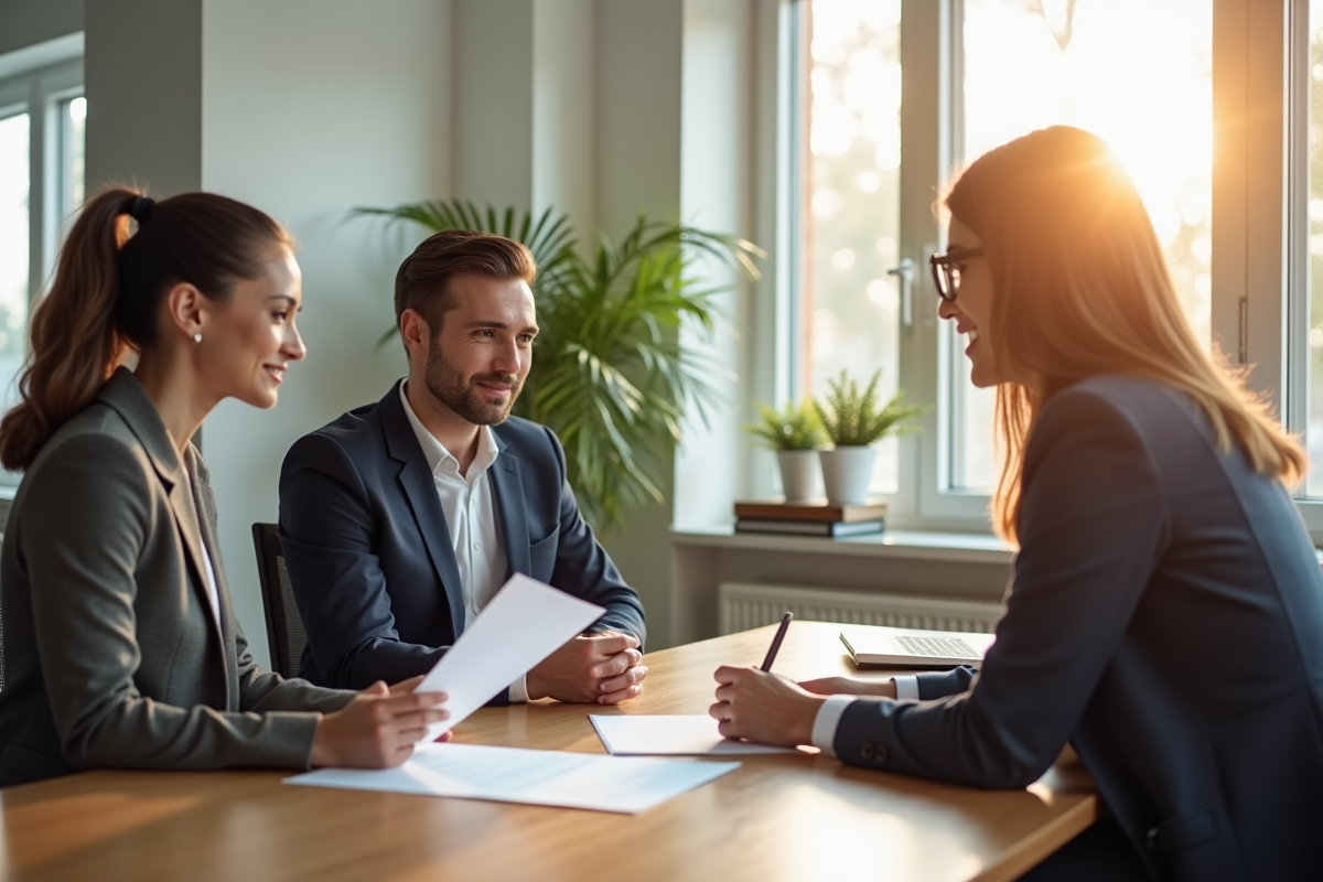 Couple élégant discutant avec un conseiller financier dans un bureau lumineux