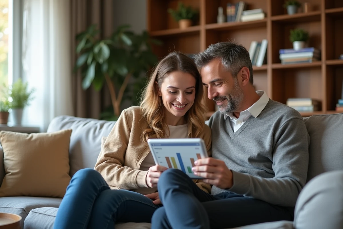 Couple planifiant leur épargne avec un chèque différé Cora 2026 sur tablette dans le salon