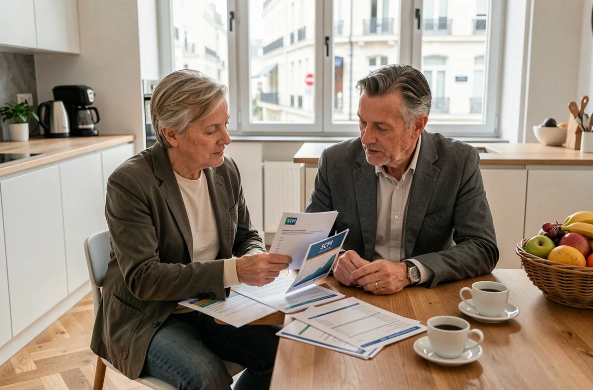Couple d'investisseurs particuliers étudiant la fiscalité de leurs placements en SCPI européennes à leur domicile