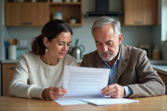 Couple lisant une lettre officielle à la maison