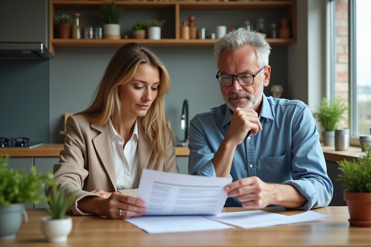Couple d'adultes lisant des documents de pret dans la cuisine