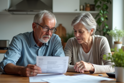 Couple de seniors discutant de leur pension à la maison