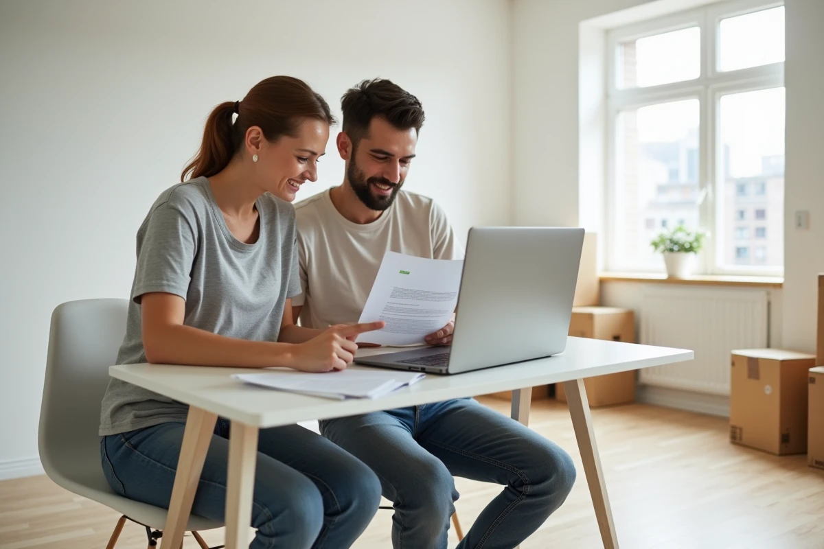Couple gérant la résiliation de leur contrat d'assurance en ligne dans un nouvel appartement après un déménagement