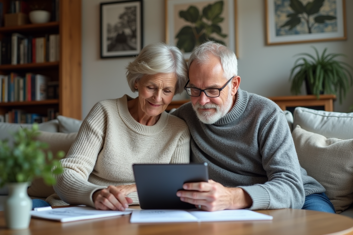 Couple retraité utilisant une tablette dans le salon cosy
