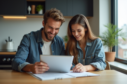 Couple détendu examinant des documents de prêt immobilier