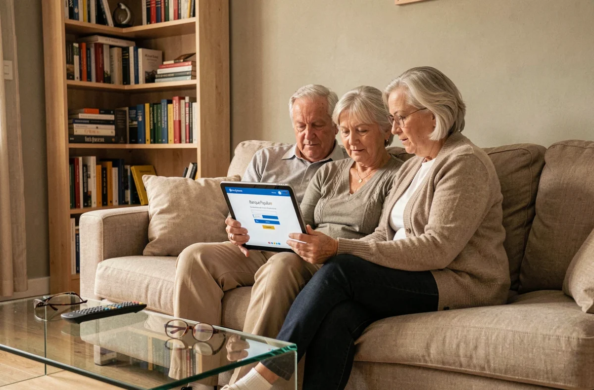 Couple de seniors consultant leur identifiant Cyberplus BPVF sur une tablette dans le salon