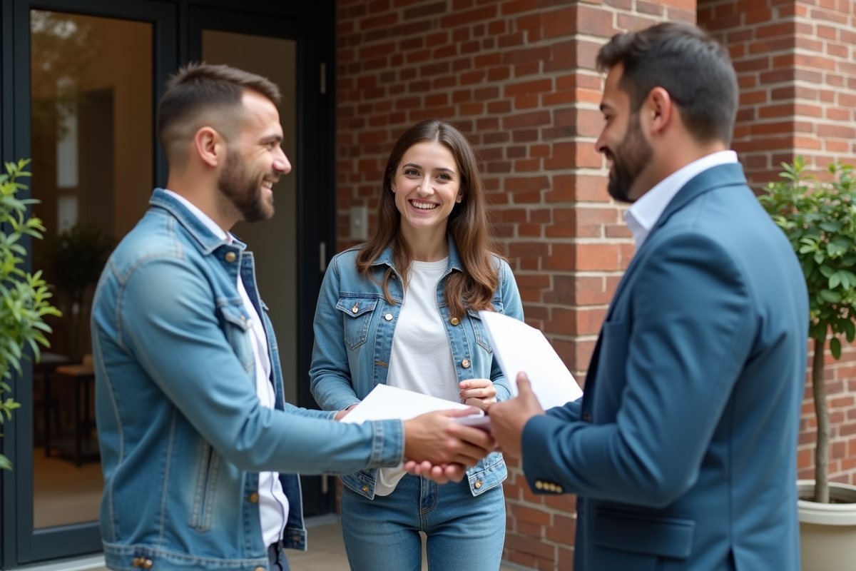 Jeune couple avec notaire devant immeuble résidentiel