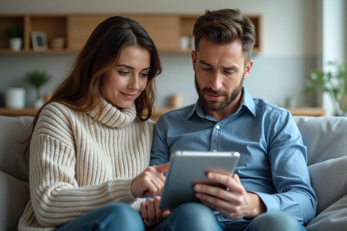 Jeune couple consultant ensemble un formulaire administratif sur tablette pour vérifier leur éligibilité au versement 1745