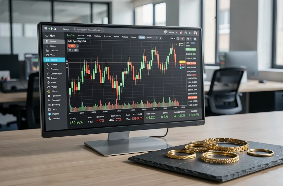 Écran de cotation boursière montrant les fluctuations du cours de l'or 9 carats en temps réel avec des bijoux posés sur une surface en ardoise