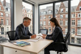 Courtier en assurance auto dans le Nord consultant un client dans un bureau professionnel moderne