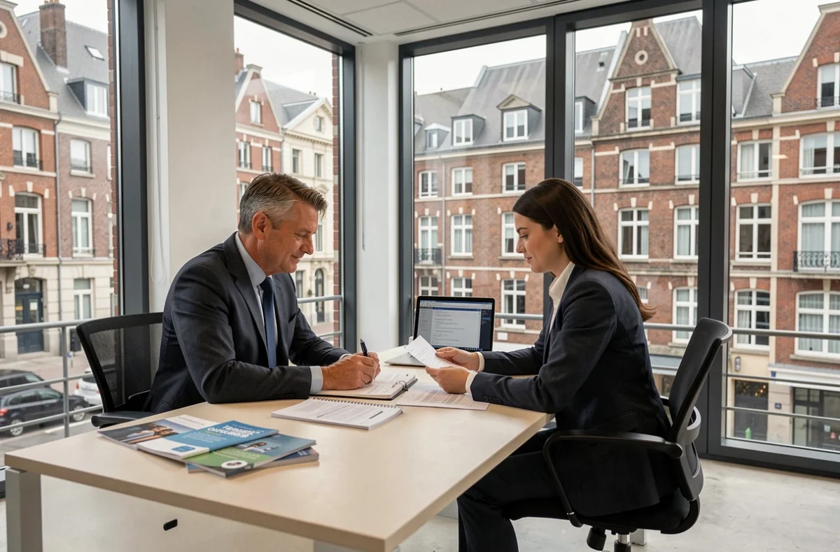 Courtier en assurance auto dans le Nord consultant un client dans un bureau professionnel moderne