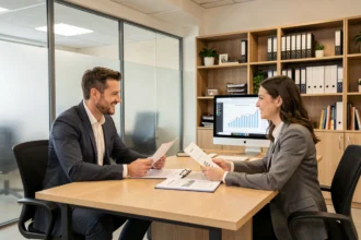 Courtier en crédit immobilier recevant des clients dans une agence des Deux-Sèvres pour un conseil en financement