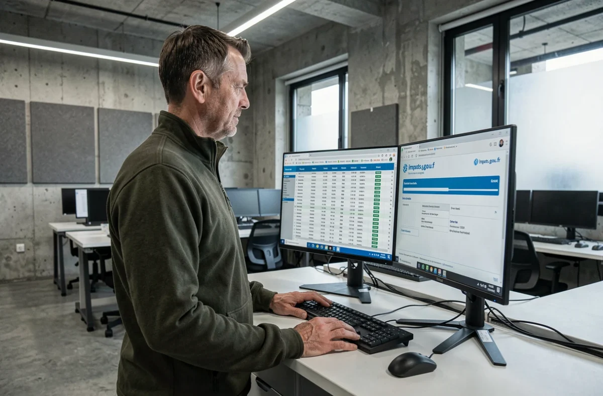 Homme debout dans un espace de coworking vérifiant ses gains boursiers Trade Republic sur double écran pour sa déclaration fiscale