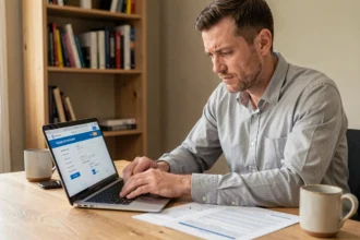 Homme remplissant sa déclaration de revenus en ligne sur un ordinateur portable avec des relevés Trade Republic posés sur son bureau