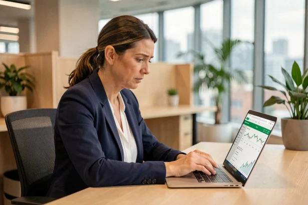 Femme professionnelle déclarant un incident sur un portail financier Cofidis Pro depuis son bureau