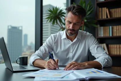 Dirigeant d'entreprise en chemise blanche révisant le bilan comptable annuel à son bureau avec calendrier et documents financiers